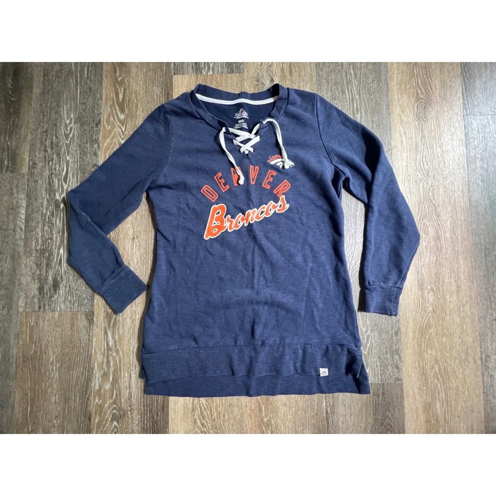 Majestic Denver Broncos Pullover Womens Medium‎ Navy Blue Lace Up Top